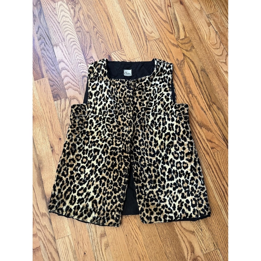 Vintage Charm of Hollywood Leopard Faux Fur Vest Brown Black Women L 60s Retro